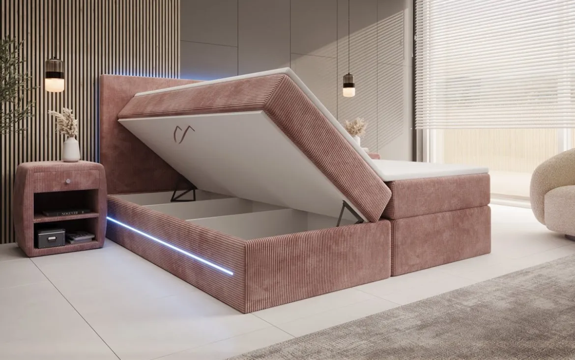 Boxspringbett Voyage mit LED u. Stauraum in Cord