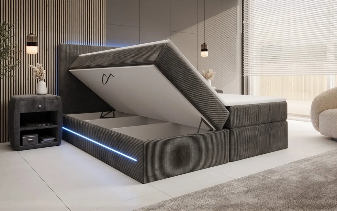 Boxspringbett Voyage mit LED u. Stauraum in Cord