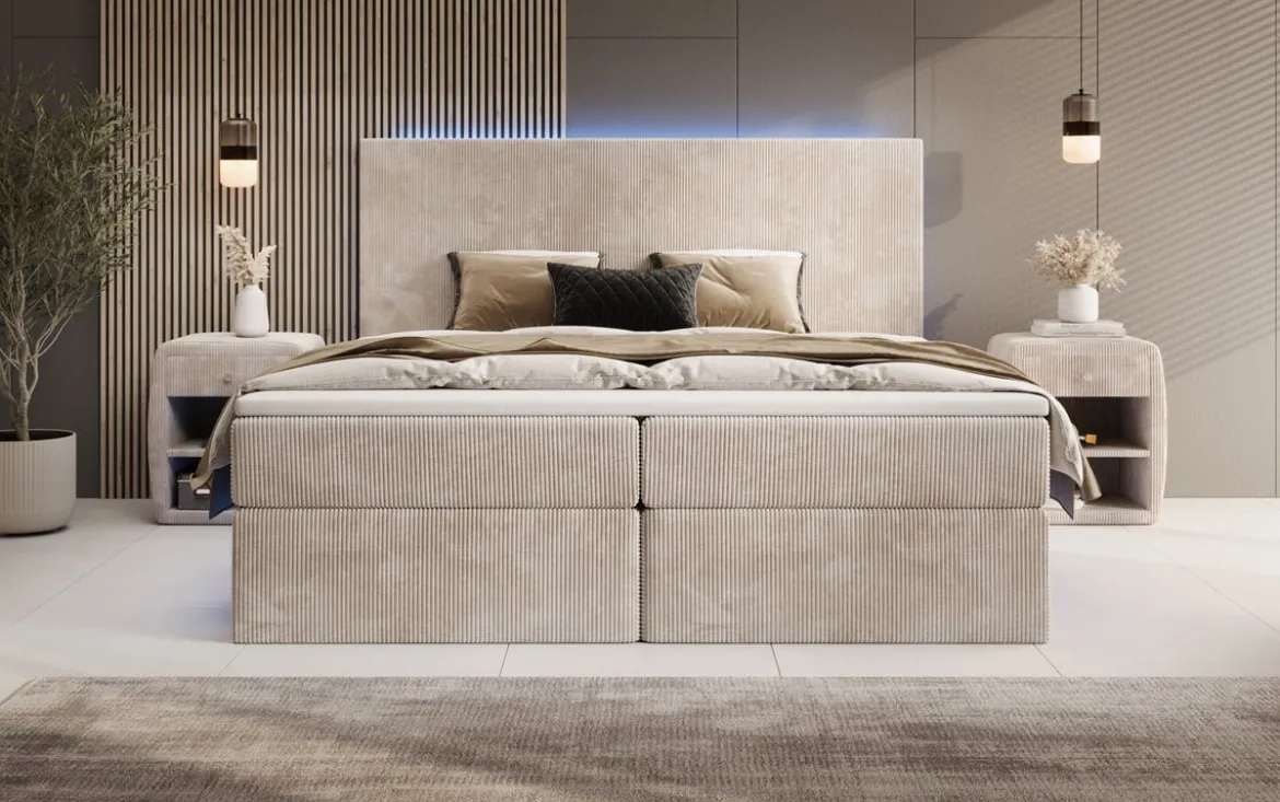 Boxspringbett Voyage mit LED u. Stauraum in Cord