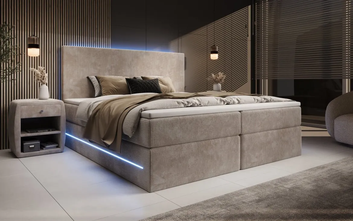 Boxspringbett Voyage mit LED u. Stauraum in Cord