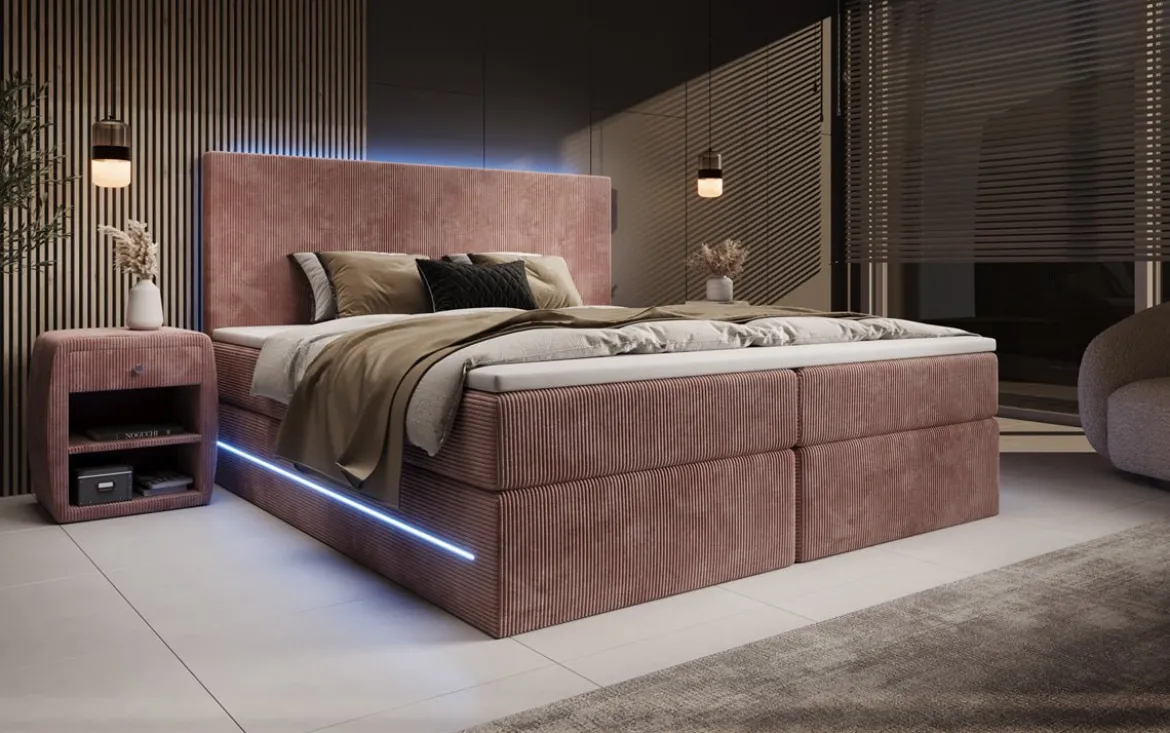 Boxspringbett Voyage mit LED u. Stauraum in Cord
