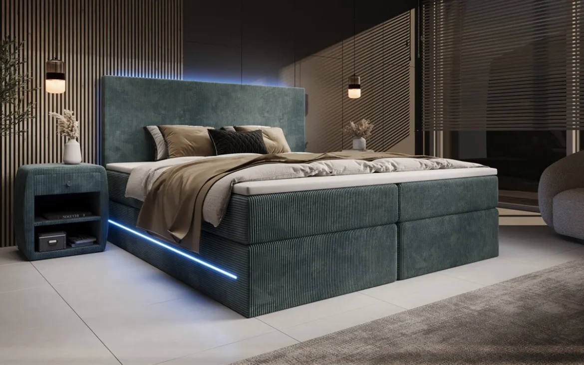 Boxspringbett Voyage mit LED u. Stauraum in Cord