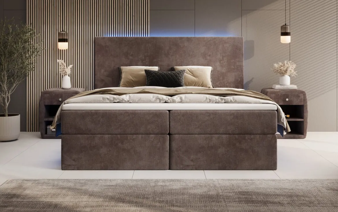 Boxspringbett Voyage mit LED u. Stauraum in Cord