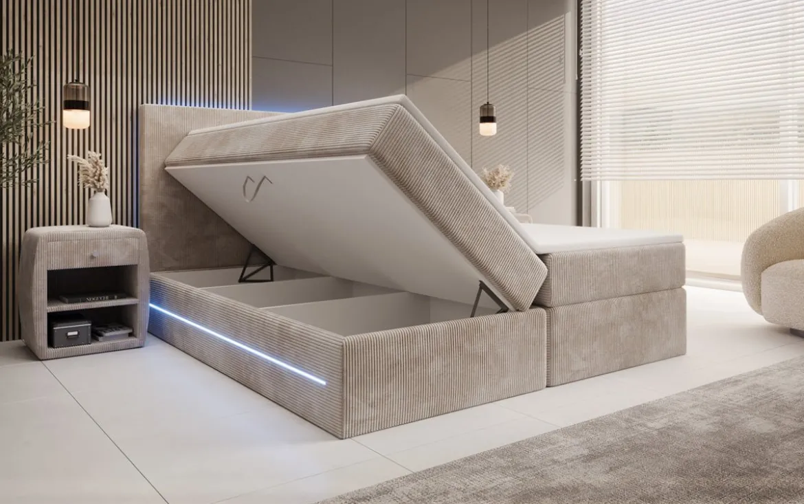 Boxspringbett Voyage mit LED u. Stauraum in Cord