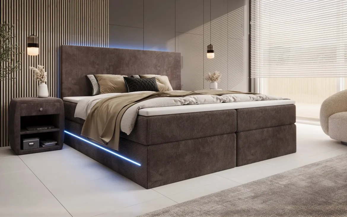 Boxspringbett Voyage mit LED u. Stauraum in Cord