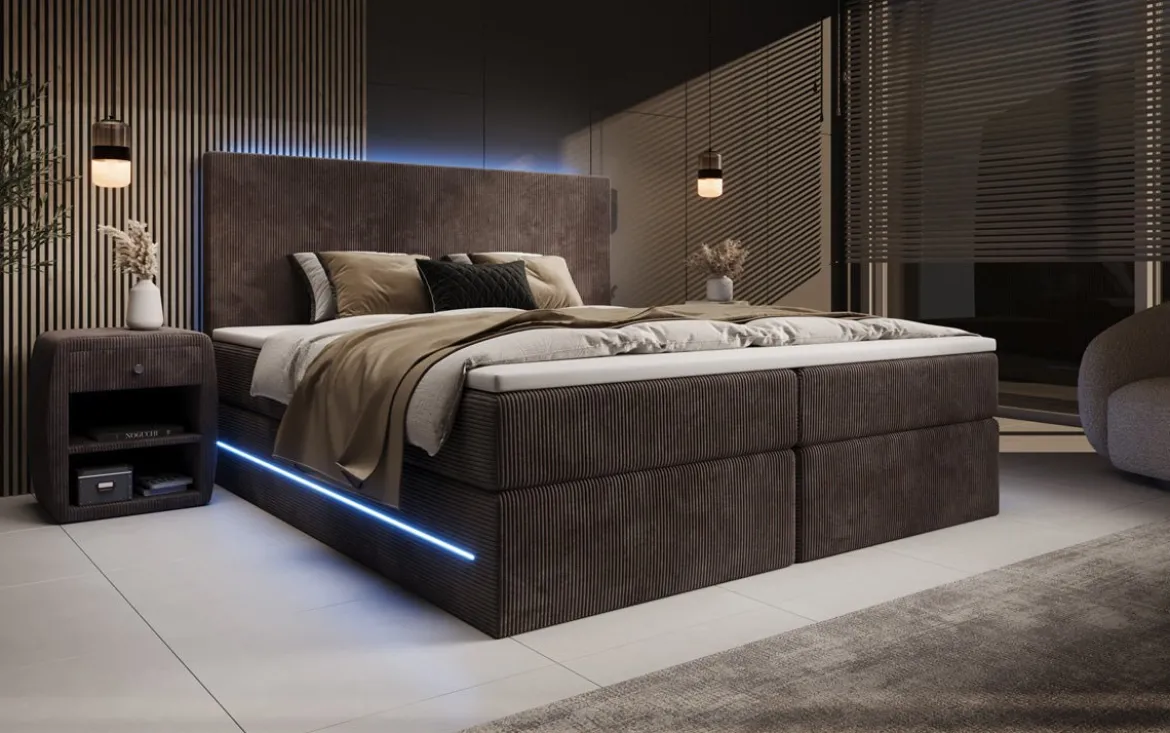 Boxspringbett Voyage mit LED u. Stauraum in Cord
