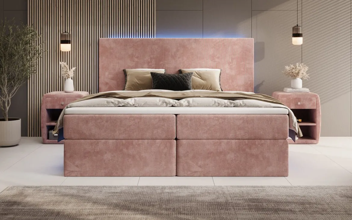 Boxspringbett Voyage mit LED u. Stauraum in Cord