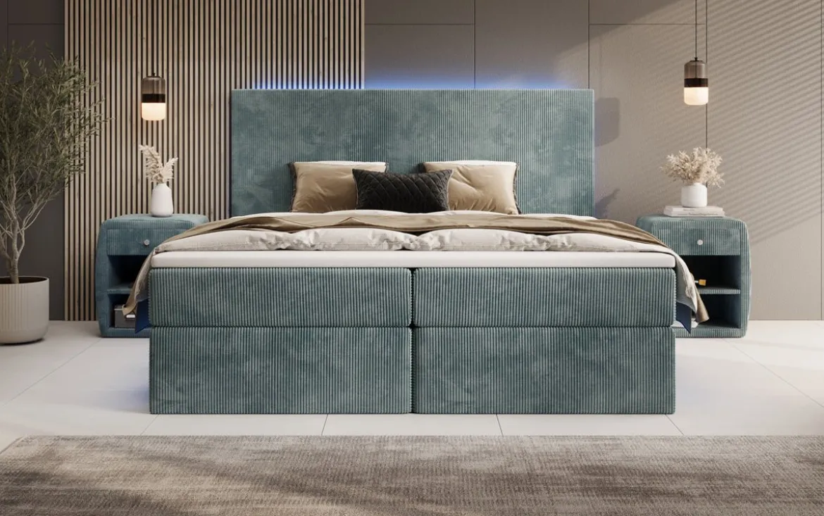 Boxspringbett Voyage mit LED u. Stauraum in Cord