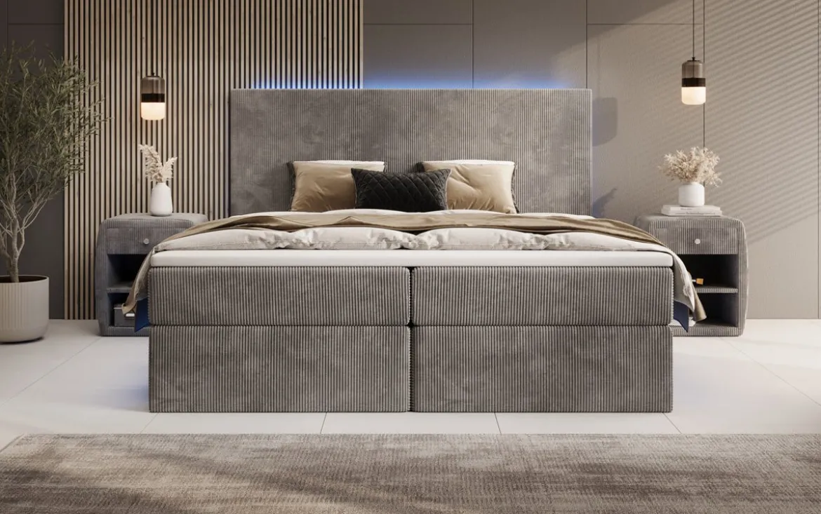 Boxspringbett Voyage mit LED u. Stauraum in Cord
