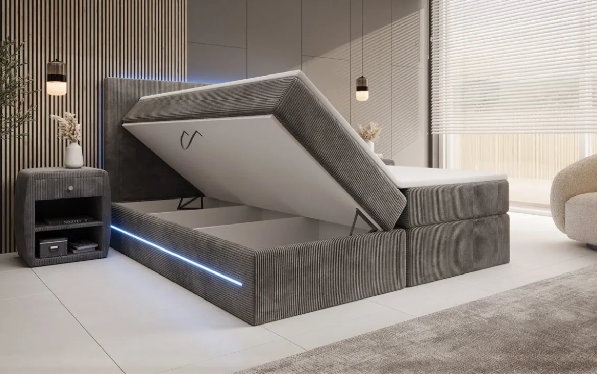 Boxspringbett Voyage mit LED u. Stauraum in Cord