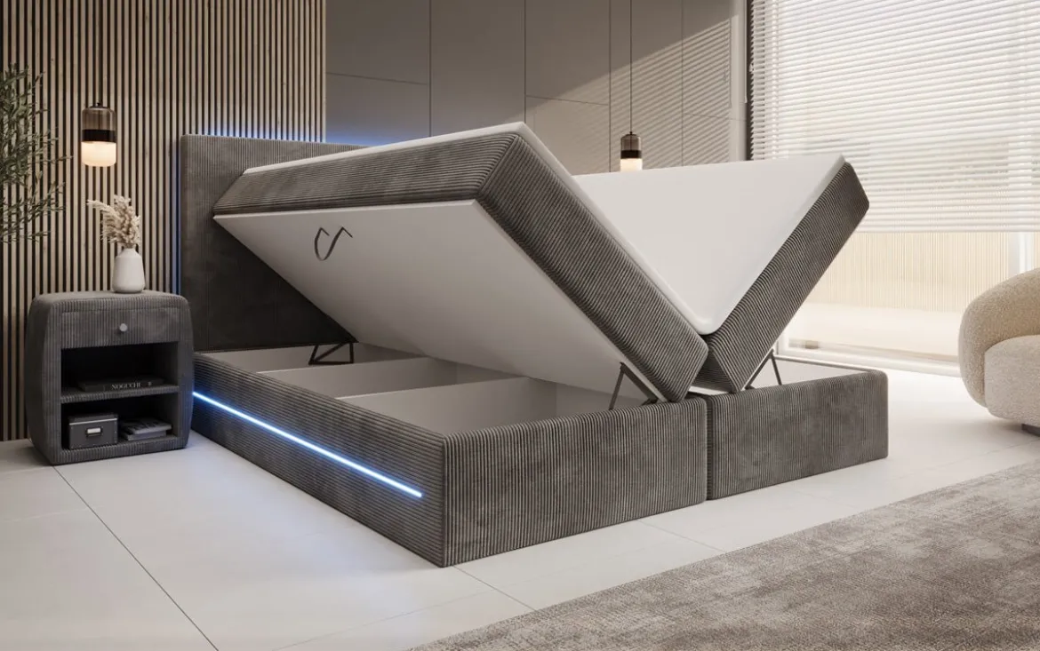 Boxspringbett Voyage mit LED u. Stauraum in Cord