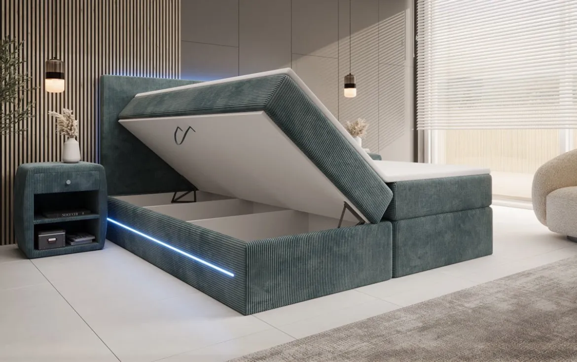 Boxspringbett Voyage mit LED u. Stauraum in Cord