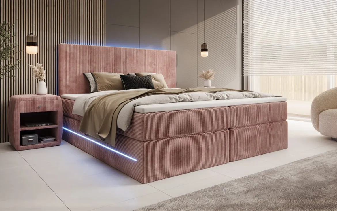 Boxspringbett Voyage mit LED u. Stauraum in Cord