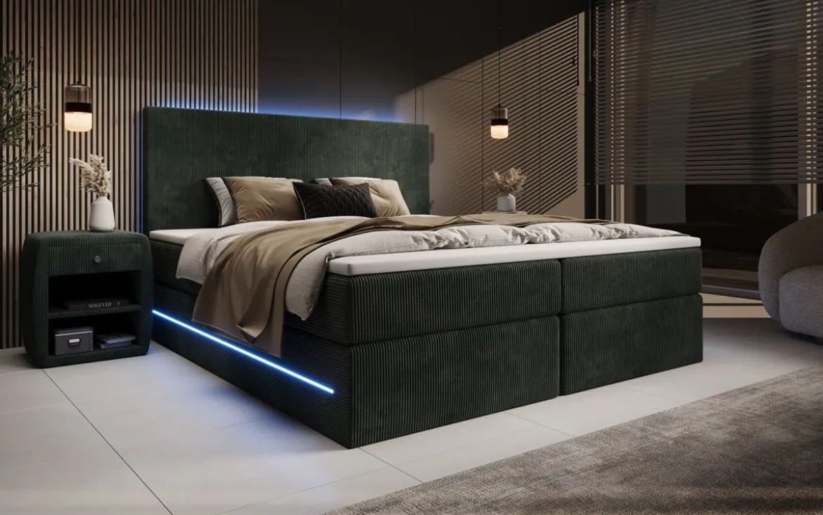 Boxspringbett Voyage mit LED u. Stauraum in Cord