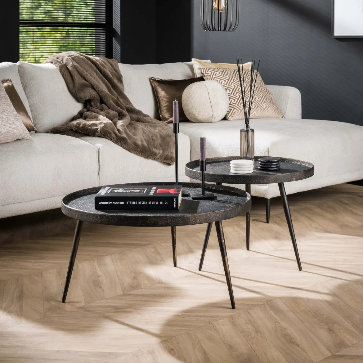Couchtisch Chrysos - 2er Set in Grau Metallic mit erhöhtem Rand