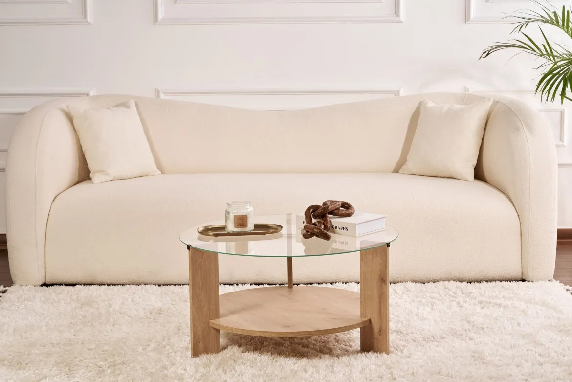 Couchtisch Davira - mit runder Glasplatte und Holzoptik