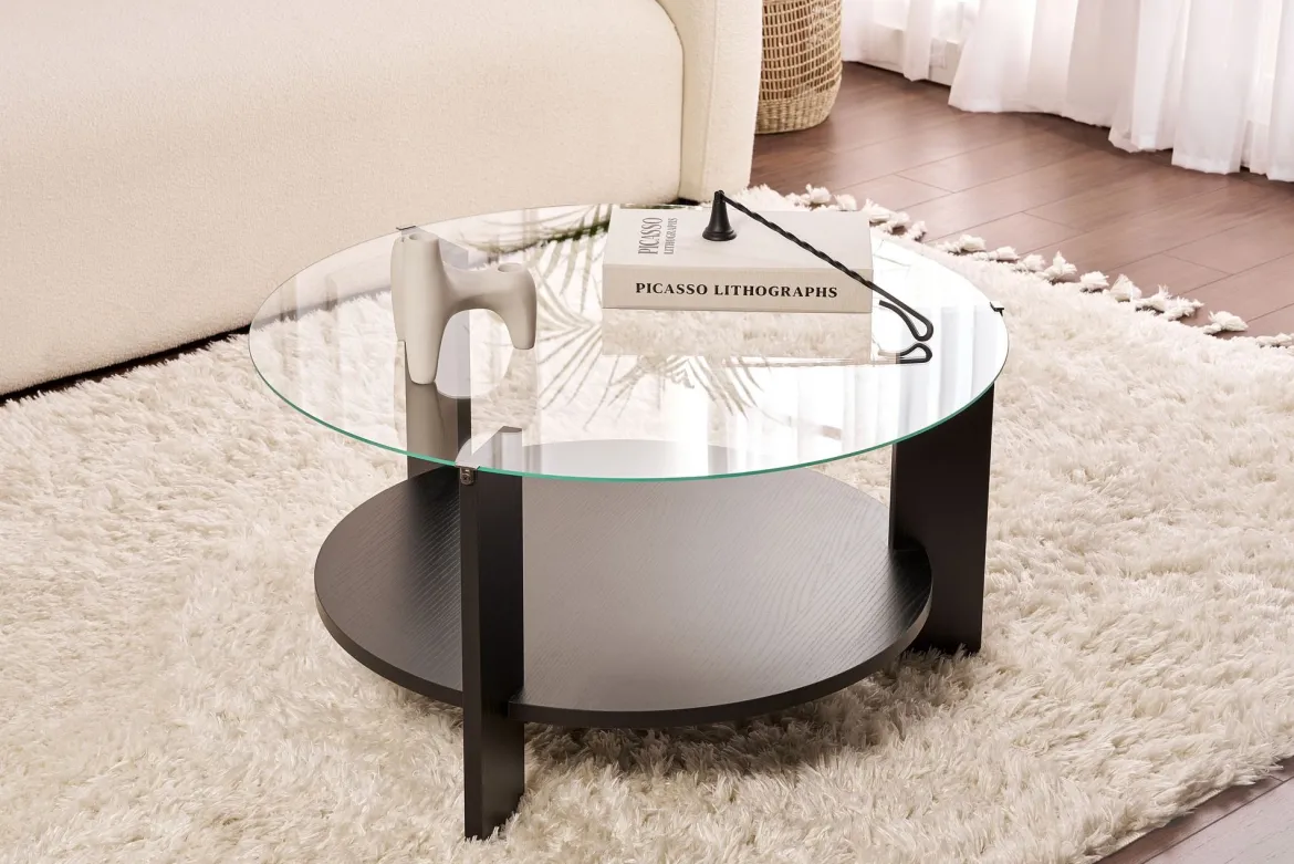 Couchtisch Davira - mit runder Glasplatte und Holzoptik