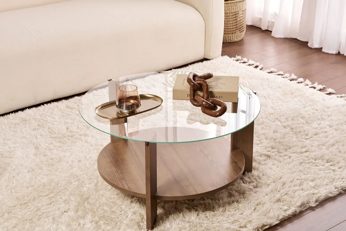 Couchtisch Davira - mit runder Glasplatte und Holzoptik