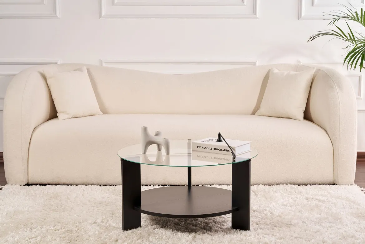 Couchtisch Davira - mit runder Glasplatte und Holzoptik
