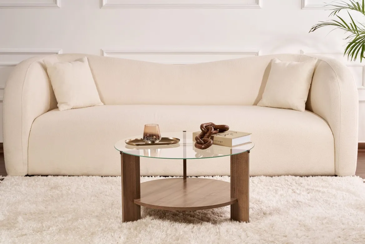 Couchtisch Davira - mit runder Glasplatte und Holzoptik