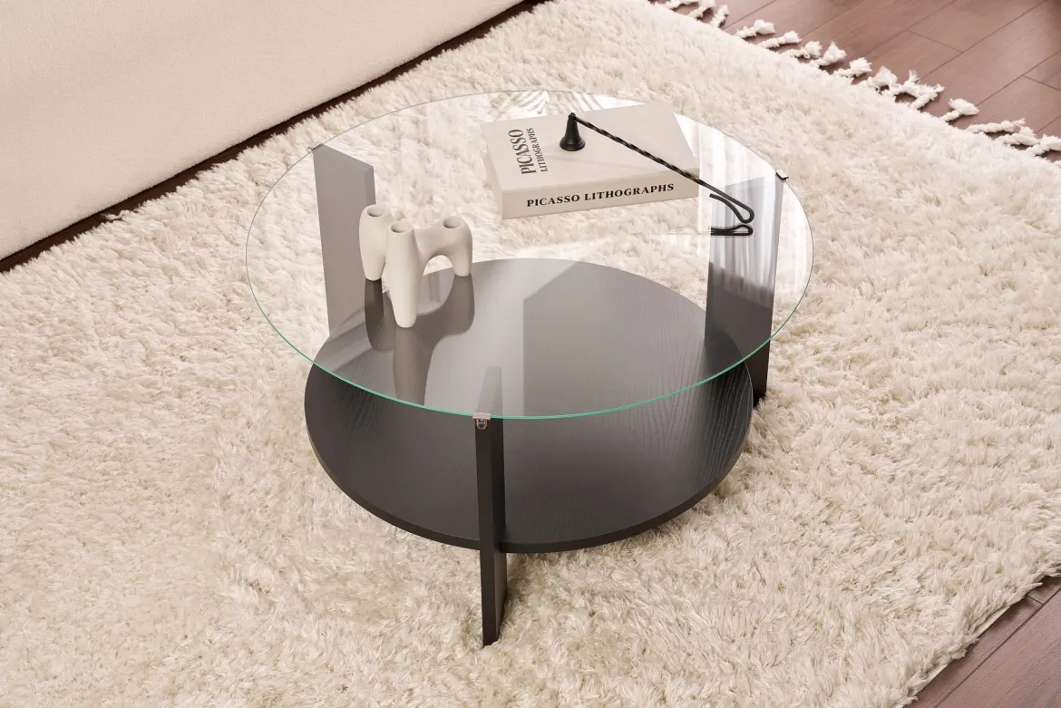 Couchtisch Davira - mit runder Glasplatte und Holzoptik