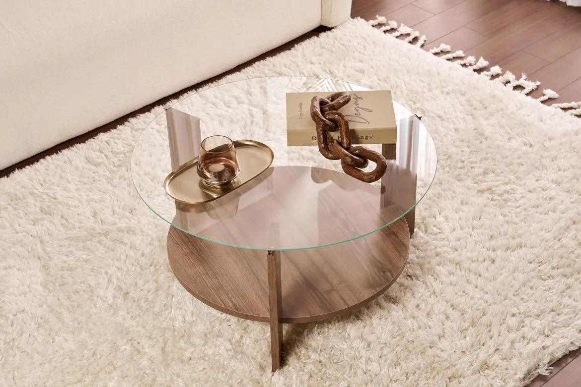 Couchtisch Davira - mit runder Glasplatte und Holzoptik