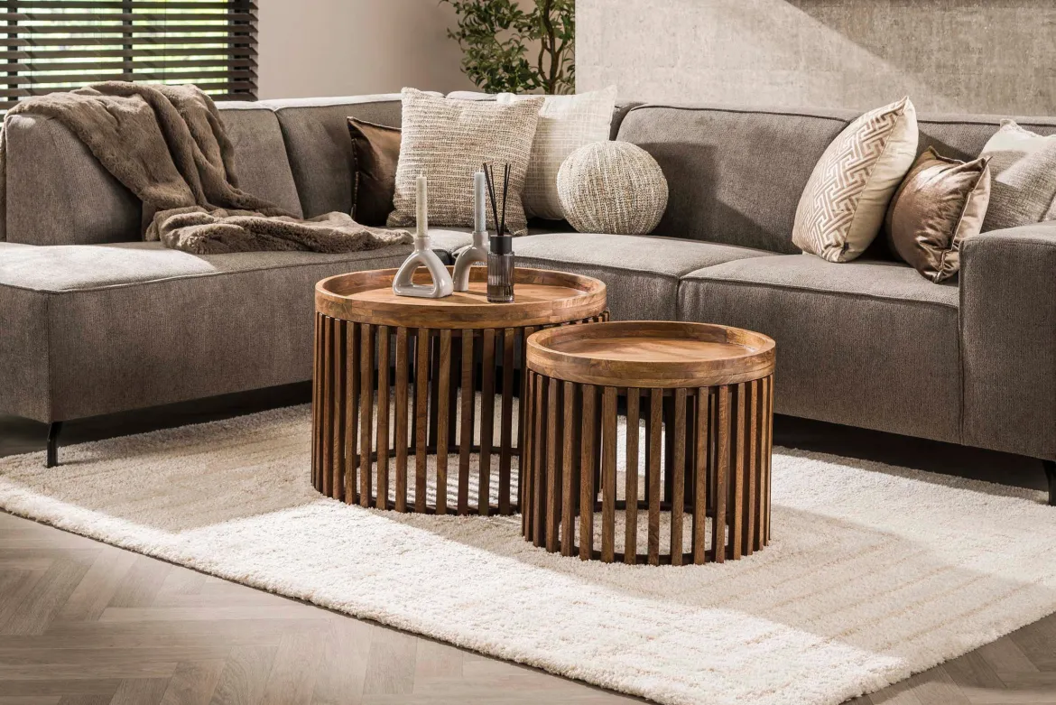 Couchtisch Marula - 2er Set aus Mangoholz mit sandfarbenem Finish