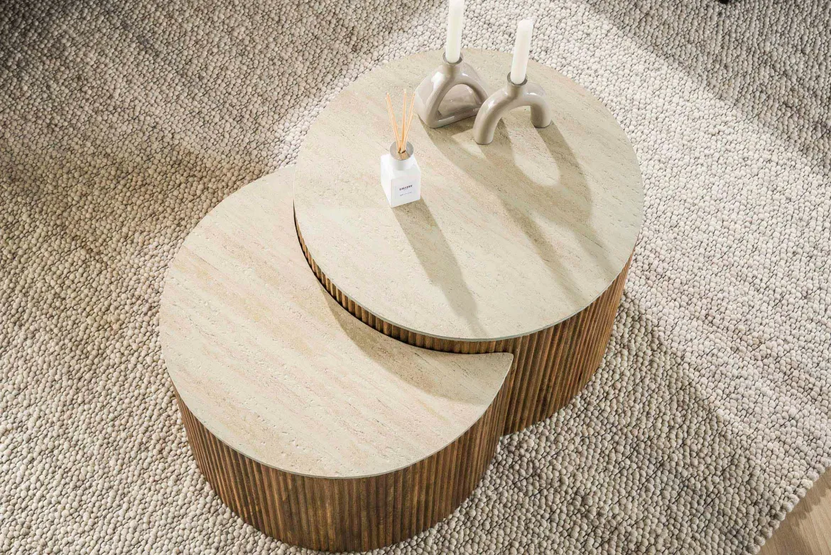 Couchtisch Oruva - 2er Set aus Mangoholz mit Keramik-Tischplatte