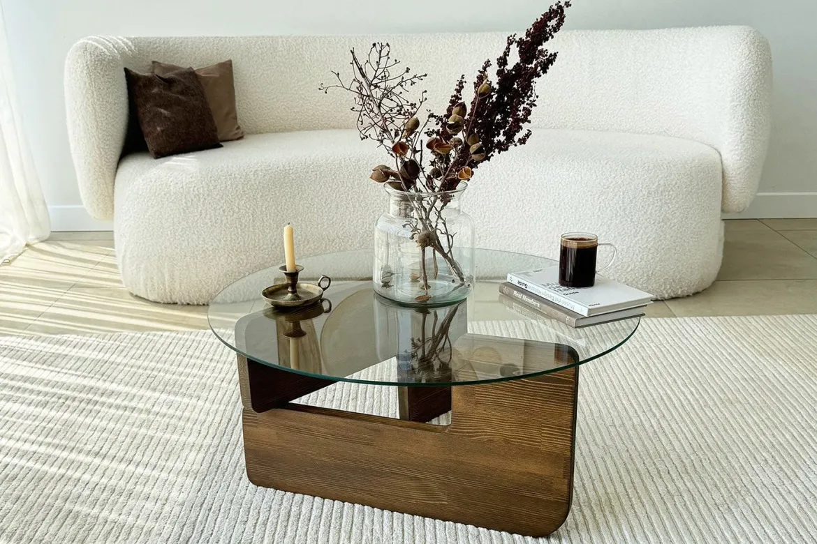 Couchtisch Palvero - mit runder Glasplatte und Kiefernholz