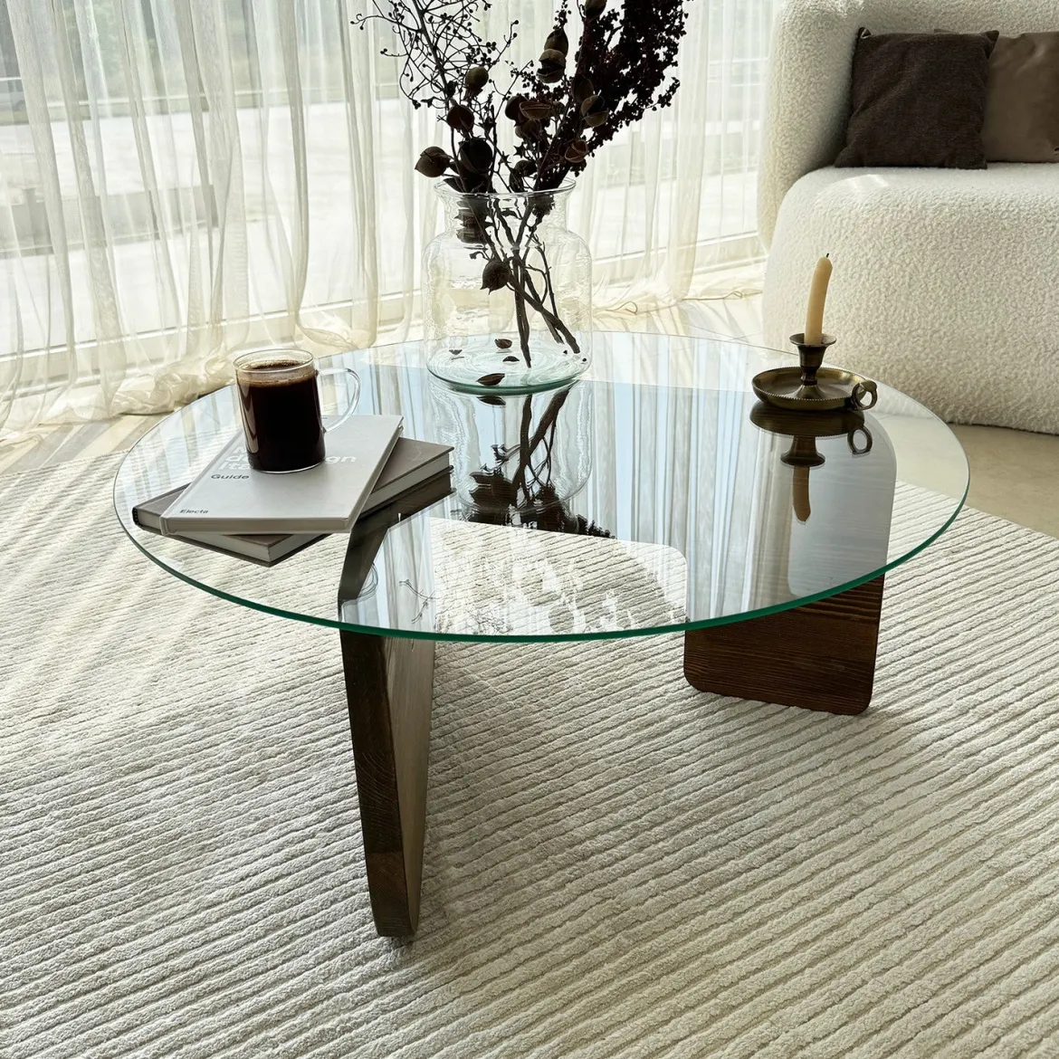 Couchtisch Palvero - mit runder Glasplatte und Kiefernholz