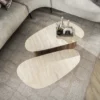 Couchtisch Sorelia - 2er Set mit Keramikplatte in Travertinoptik und dreieckiger Form