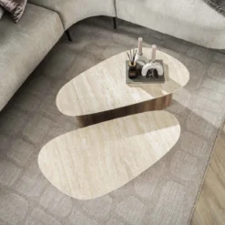 Couchtisch Sorelia - 2er Set mit Keramikplatte in Travertinoptik und dreieckiger Form