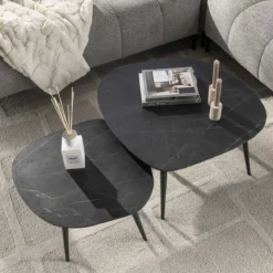 Couchtisch Virelle - 2er Set aus Melamin in Keramikoptik und einem Gestell aus Stahl