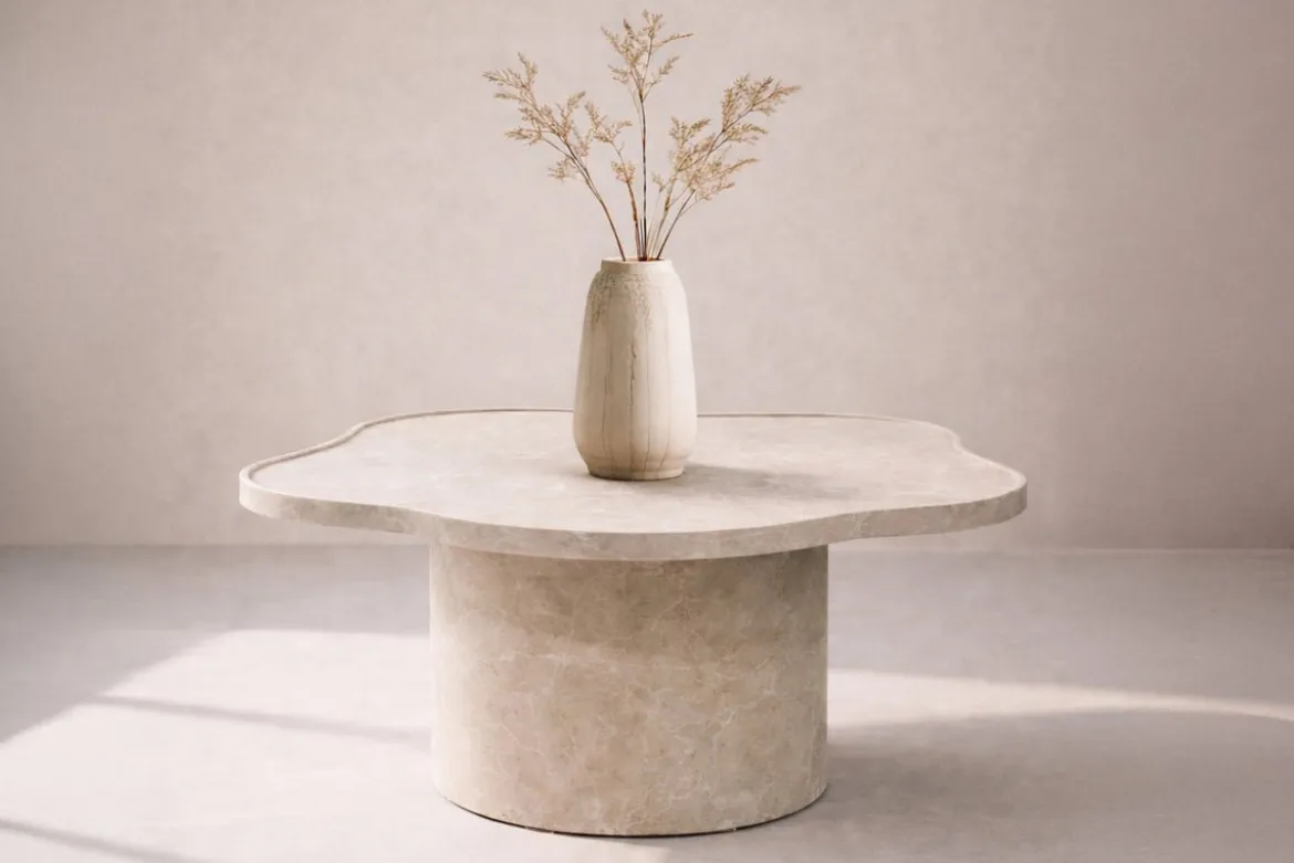Couchtisch Zai - in Beige mit runder Form und Marmoroptik