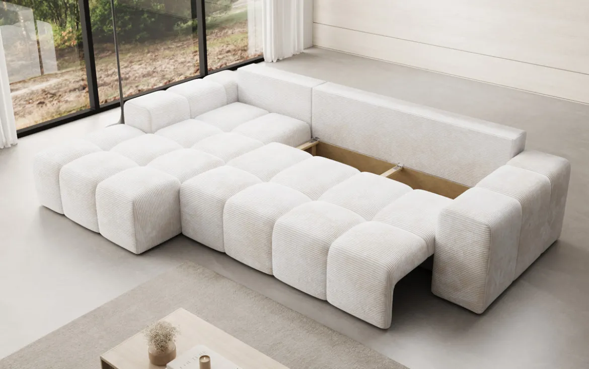 Designer Ecksofa Aila mit Schlaf- und Klappfunktion in Cord