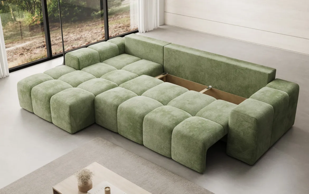 Designer Ecksofa Aila mit Schlaf- und Klappfunktion in Cord