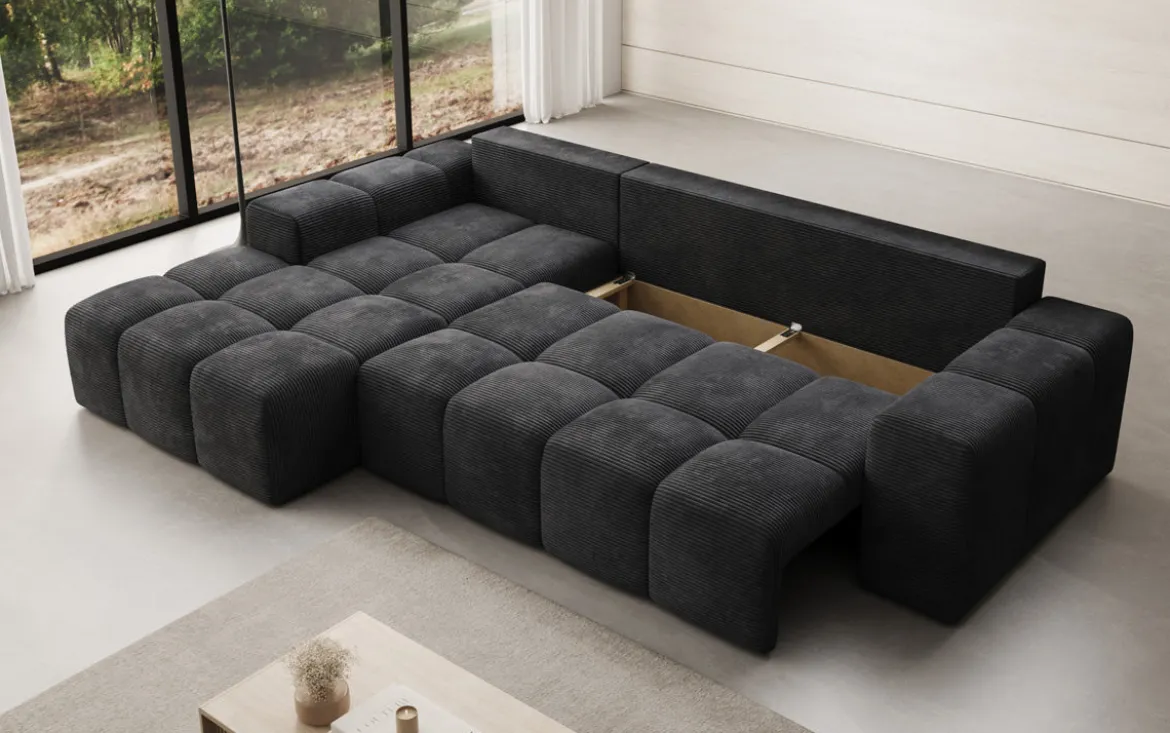 Designer Ecksofa Aila mit Schlaf- und Klappfunktion in Cord