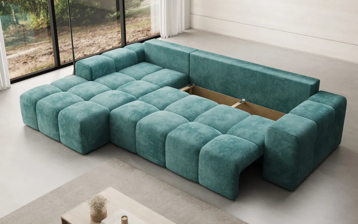Designer Ecksofa Aila mit Schlaf- und Klappfunktion in Cord