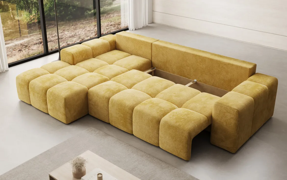 Designer Ecksofa Aila mit Schlaf- und Klappfunktion in Cord