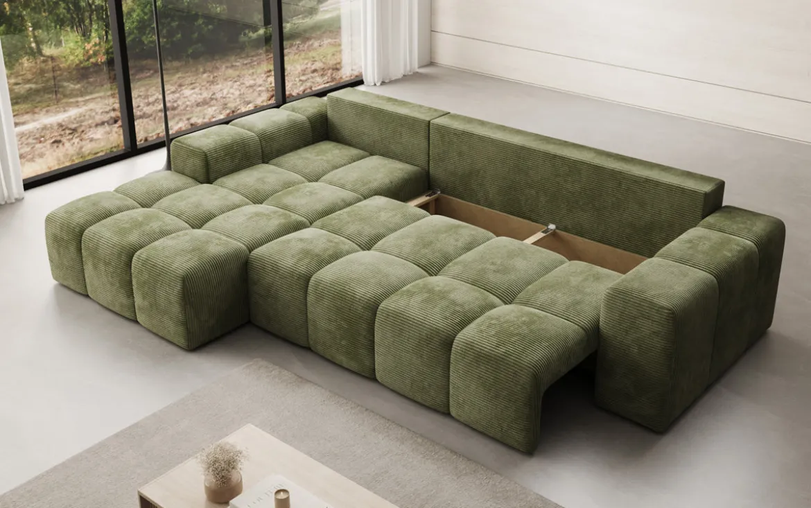 Designer Ecksofa Aila mit Schlaf- und Klappfunktion in Cord