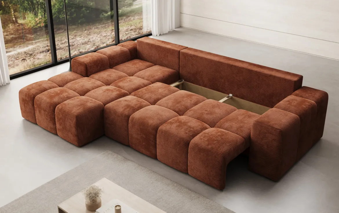 Designer Ecksofa Aila mit Schlaf- und Klappfunktion in Cord