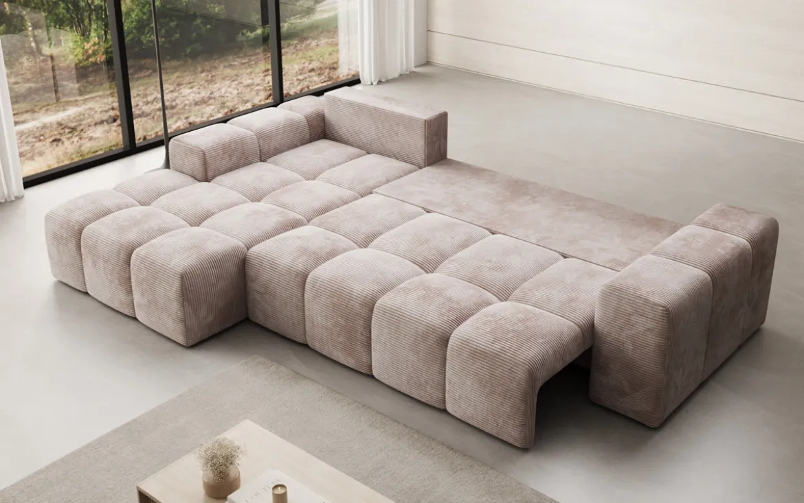 Designer Ecksofa Aila mit Schlaf- und Klappfunktion in Cord