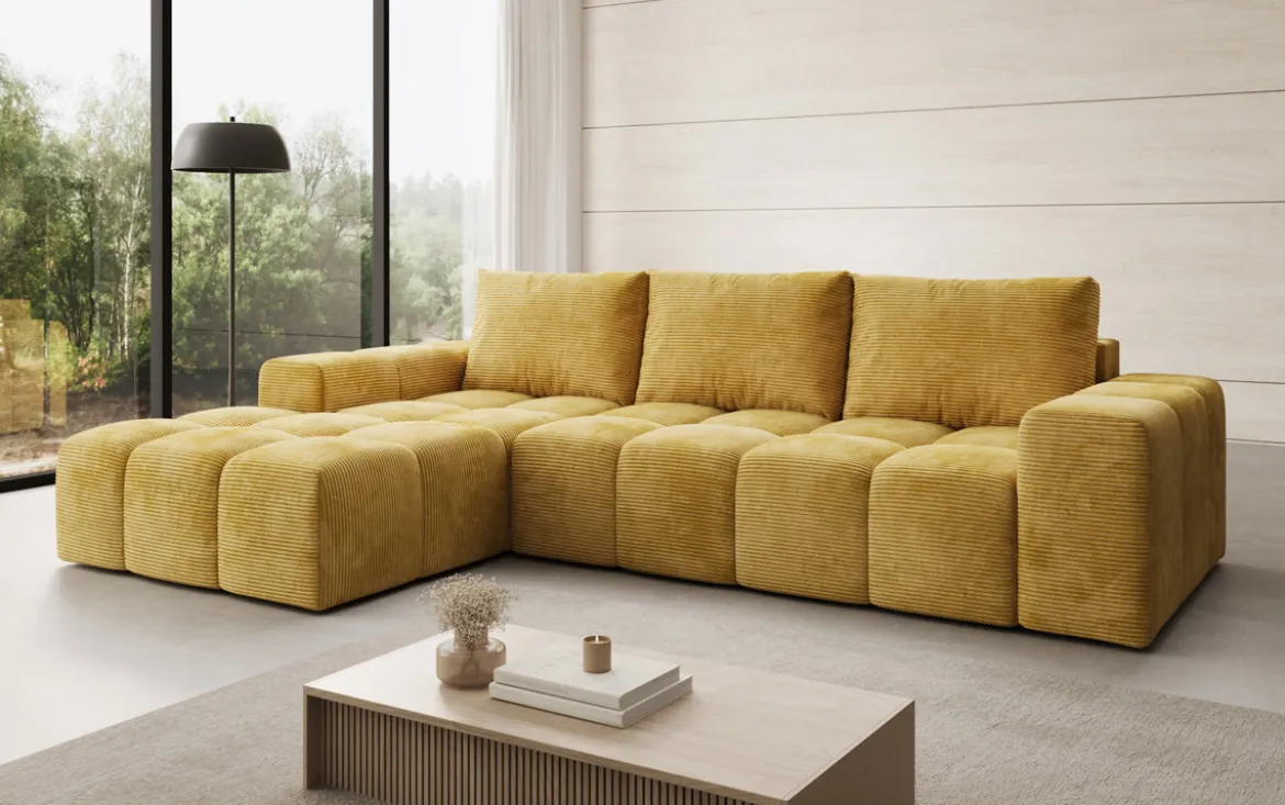 Designer Ecksofa Aila mit Schlaf- und Klappfunktion in Cord