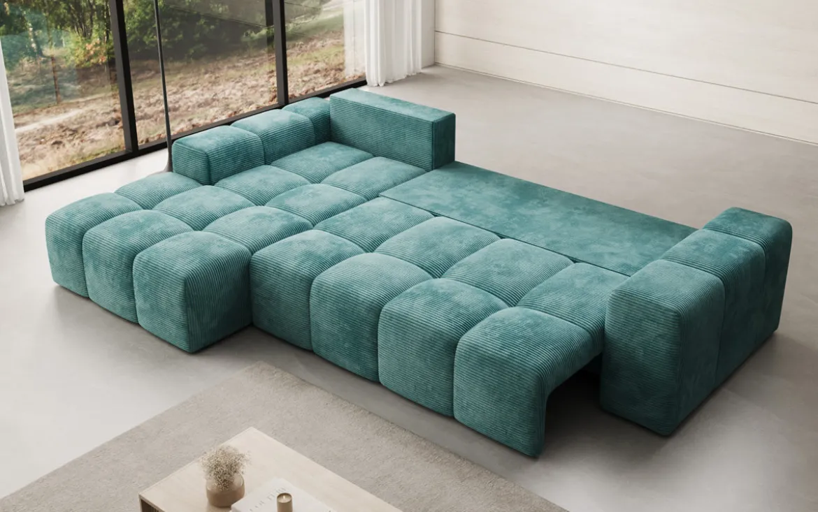Designer Ecksofa Aila mit Schlaf- und Klappfunktion in Cord