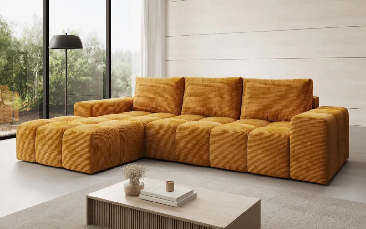 Designer Ecksofa Aila mit Schlaf- und Klappfunktion in Cord