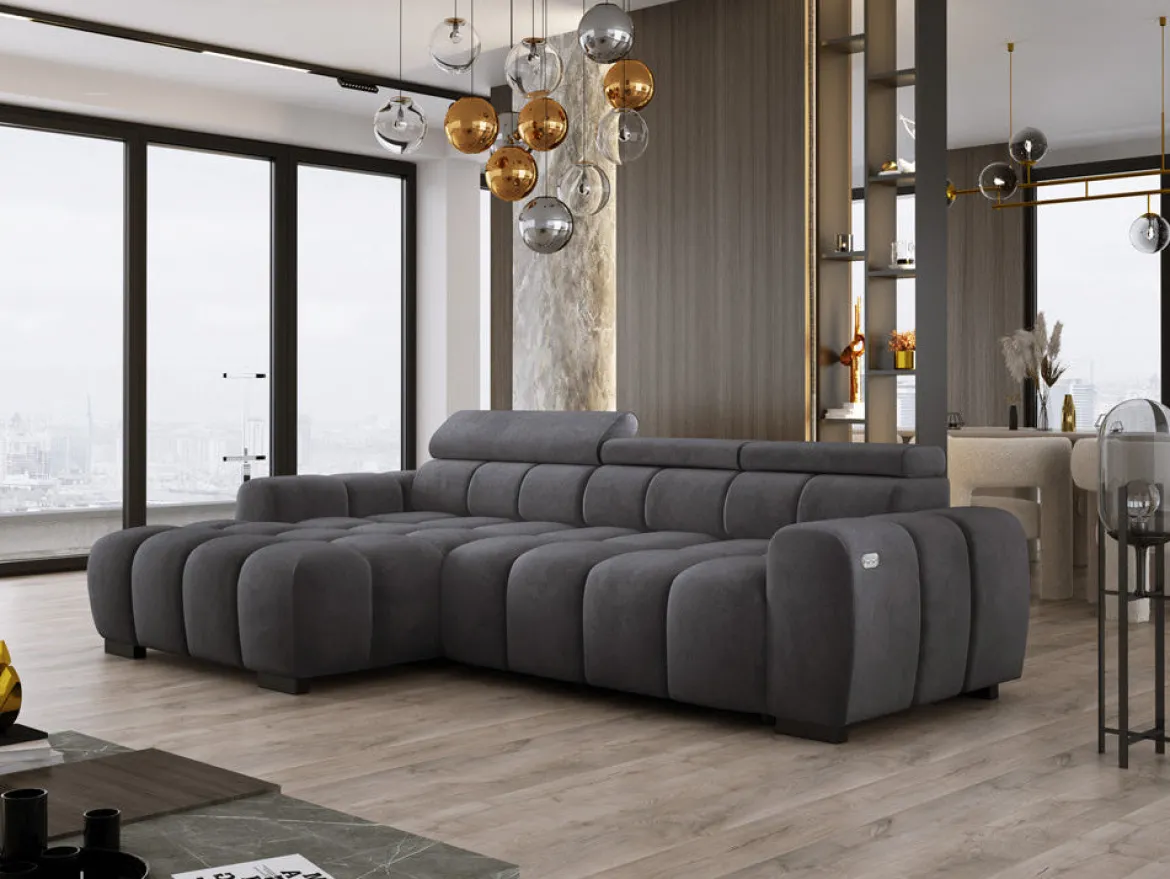Designer Ecksofa Amalfi in Samt mit elektrischer Sitzerweiterung