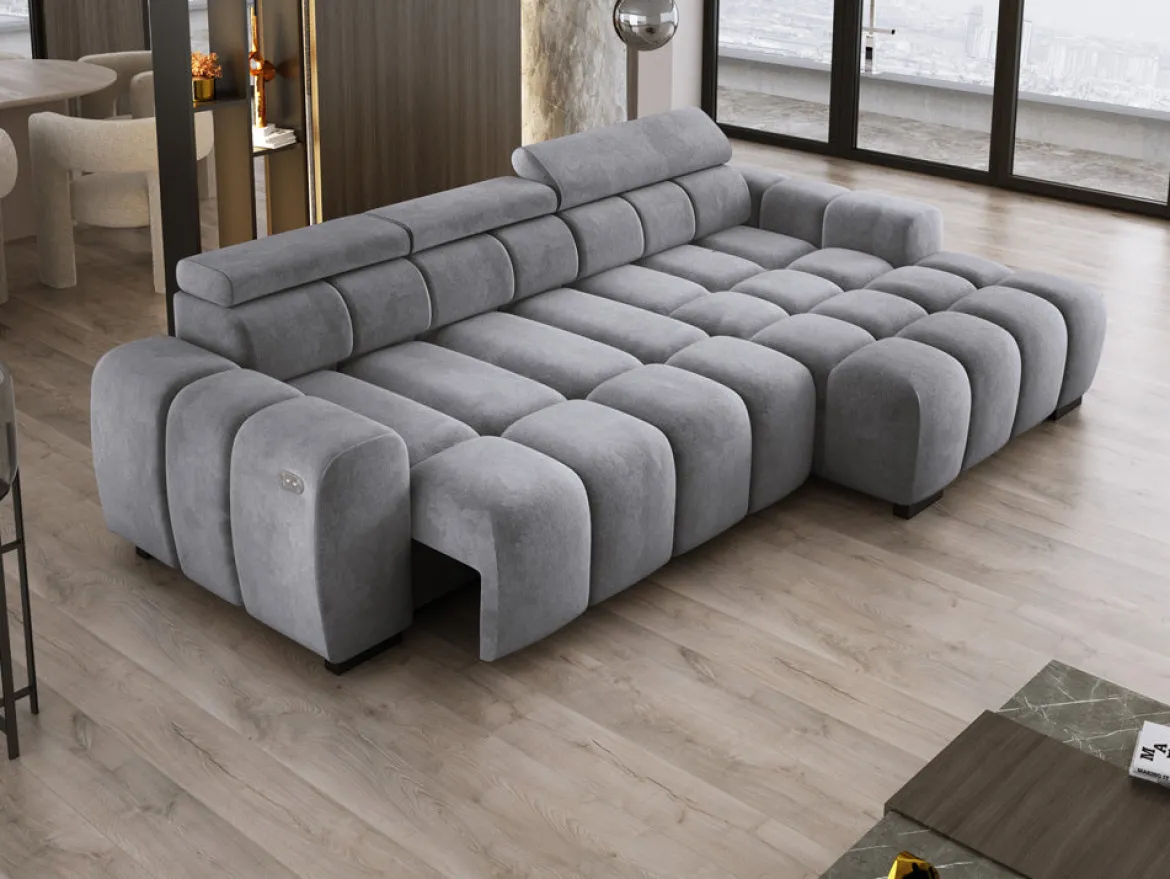 Designer Ecksofa Amalfi in Samt mit elektrischer Sitzerweiterung