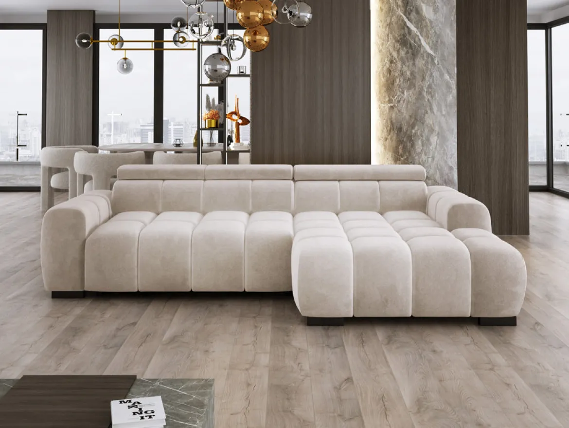 Designer Ecksofa Amalfi in Samt mit elektrischer Sitzerweiterung