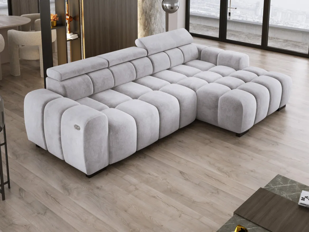 Designer Ecksofa Amalfi in Samt mit elektrischer Sitzerweiterung