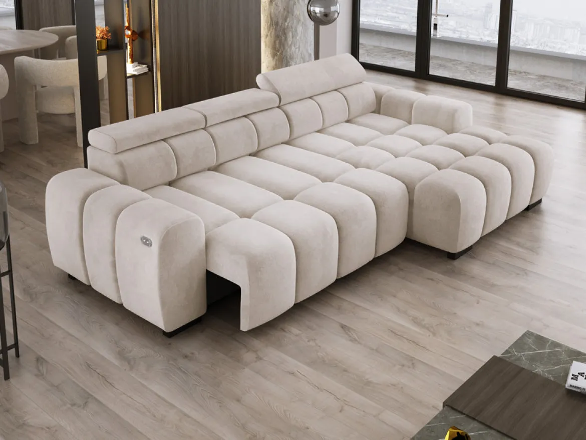 Designer Ecksofa Amalfi in Samt mit elektrischer Sitzerweiterung